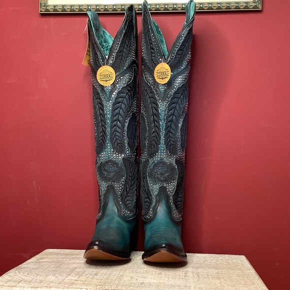 CORRAL Willow Over The Knee Black & Turquoise Western Boots ~3” Heel Inside Zip - Picture 4 of 16